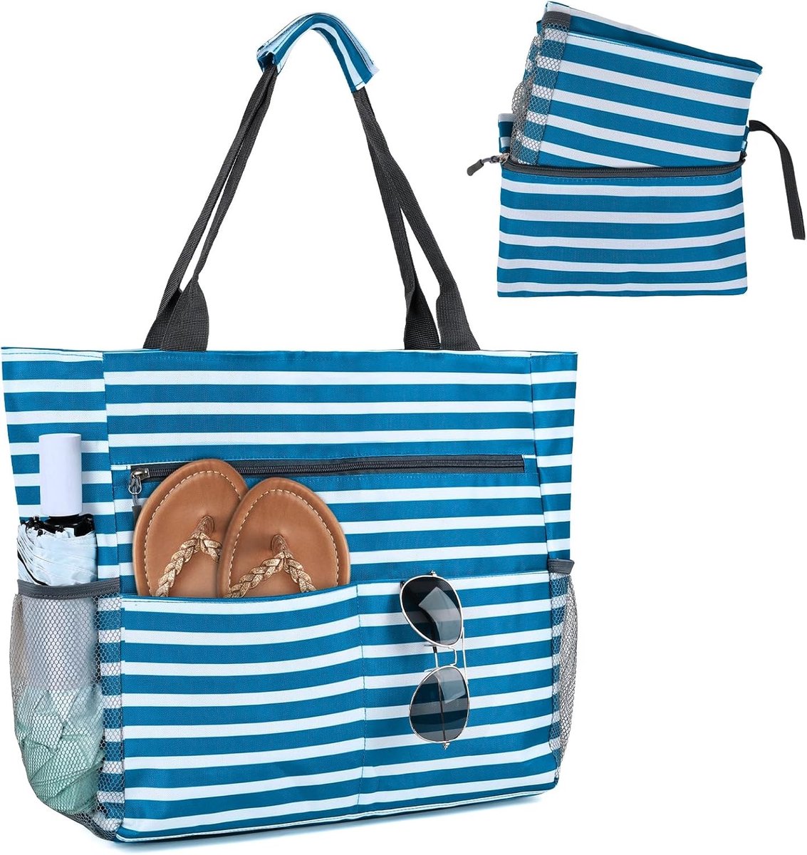 Grote Strandtas - Blauw - 53 x 17 x 37 cm - Waterdichte Opvouwbare Tas met Ritssluiting - Voor Dames