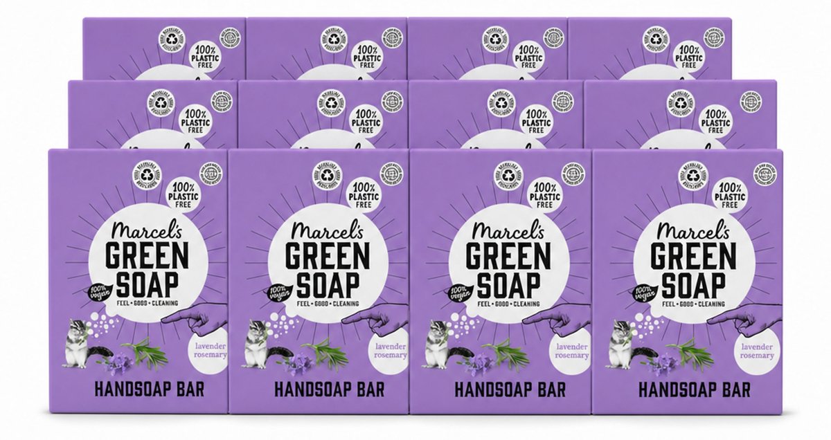 12 x Marcel's Green Soap - Handzeep Bar - Lavendel & Rozemarijn - Zachte verzorging - 90 gr - Voordeelverpakking - 12 stuks
