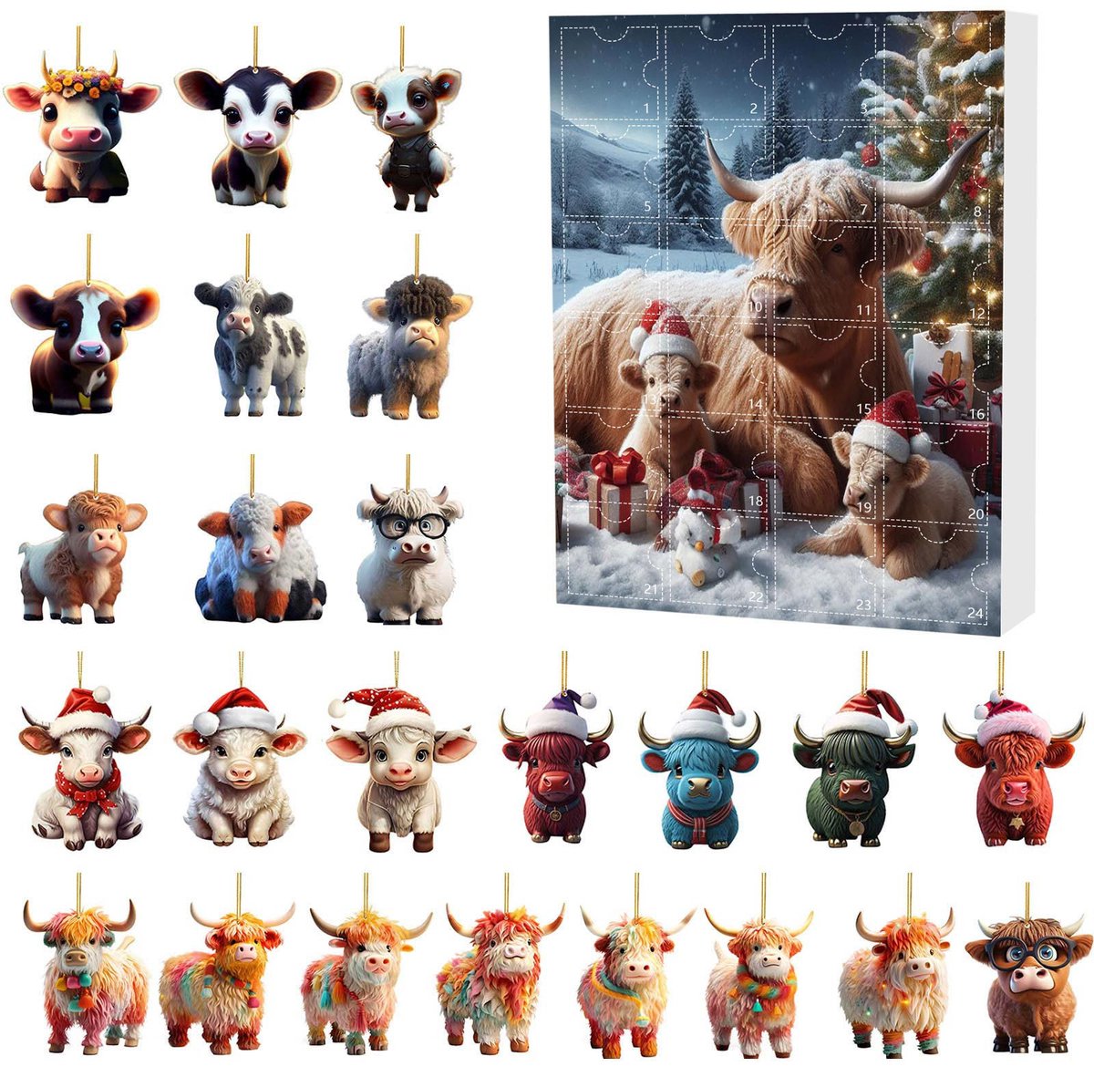 Schotse hooglander adventskalender 2026- 24 stuks 2D acryl hangdecoraties met boerderijkoe‑motieven- sfeervolle kerstboomornamenten