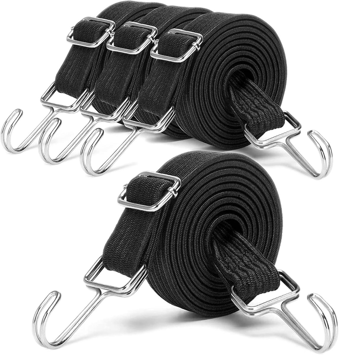 Fiets sleeptouw - Zwart - 2 m - Verstelbaar Plat Elastisch Touw met Metalen Haken - Voor Fiets, Motor en Auto