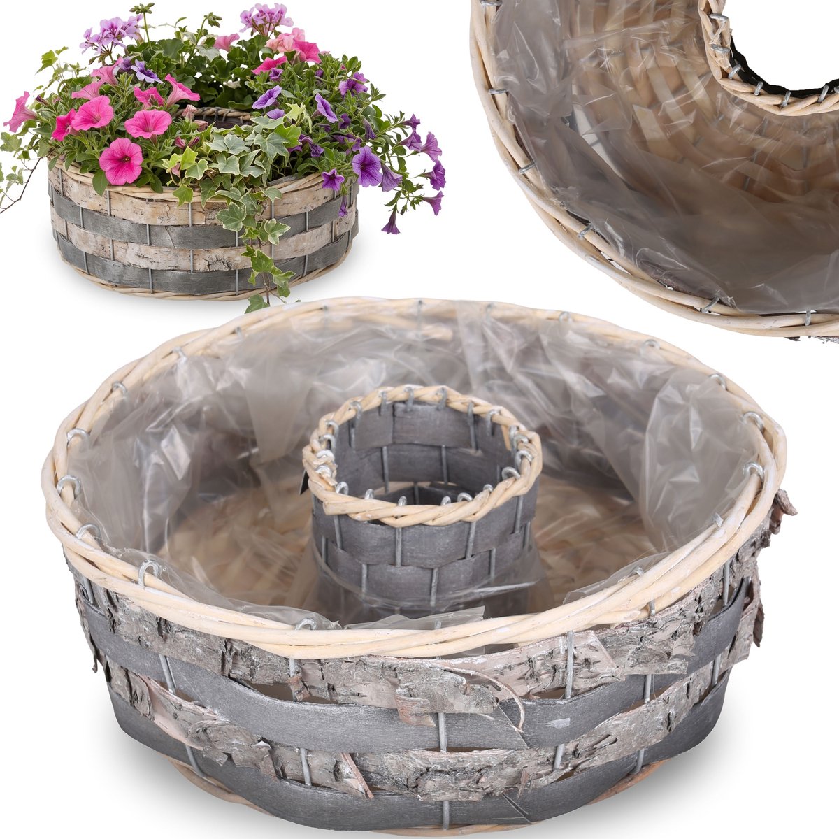 Grijze WILGEN bloempot, ronde BLOEMPOT voor planten met FOLIE, rand 30x10 cm