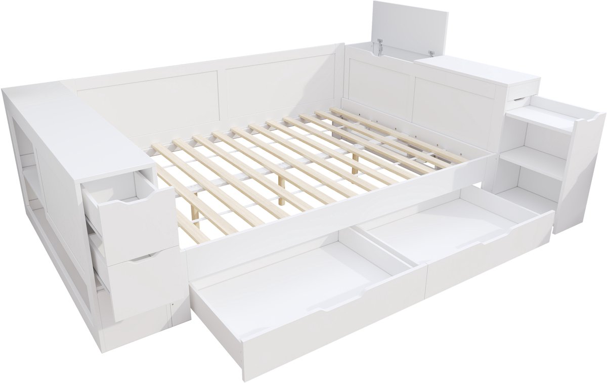 MUVANO Houten bed 140x200 - bed met opbergruimte en lades - multifunctioneel daybed - eenpersoonsbed - 140x200 cm - opbergen - voor tieners Wit