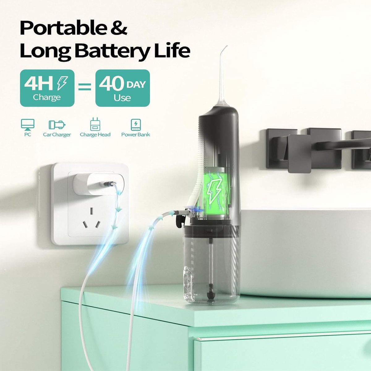 Waterflosser, Draadloze Monddouche met 5 Opzetstukken en 4 Reinigingsstanden, 260 ml Waterreservoir, IPX7 Waterbestendig, Draagbare Mondirrigator voor Dagelijkse Mondverzorging, Thuis en Reizen-Zwart thumbnail 4