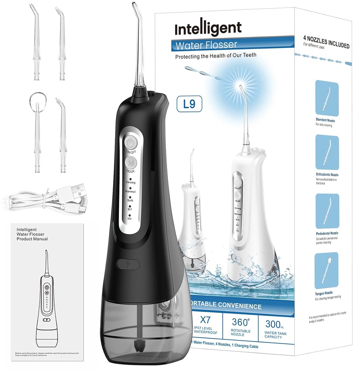 Waterflosser, Draadloze Monddouche met 300 ml Waterreservoir, USB-C Oplaadbaar, IPX7 Waterbestendig, 4 Reinigingsstanden en 5 Opzetstukken, tot 50 Dagen Batterijduur, voor Beugels, Gevoelig Tandvlees en Reizen-Zwart