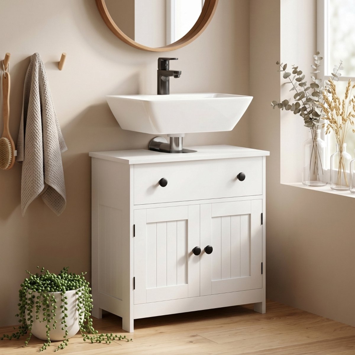REDOM - Waschbeckenunterschrank modern en vrijstaand, wit, met soft-close scharnieren, lade en 2 deuren