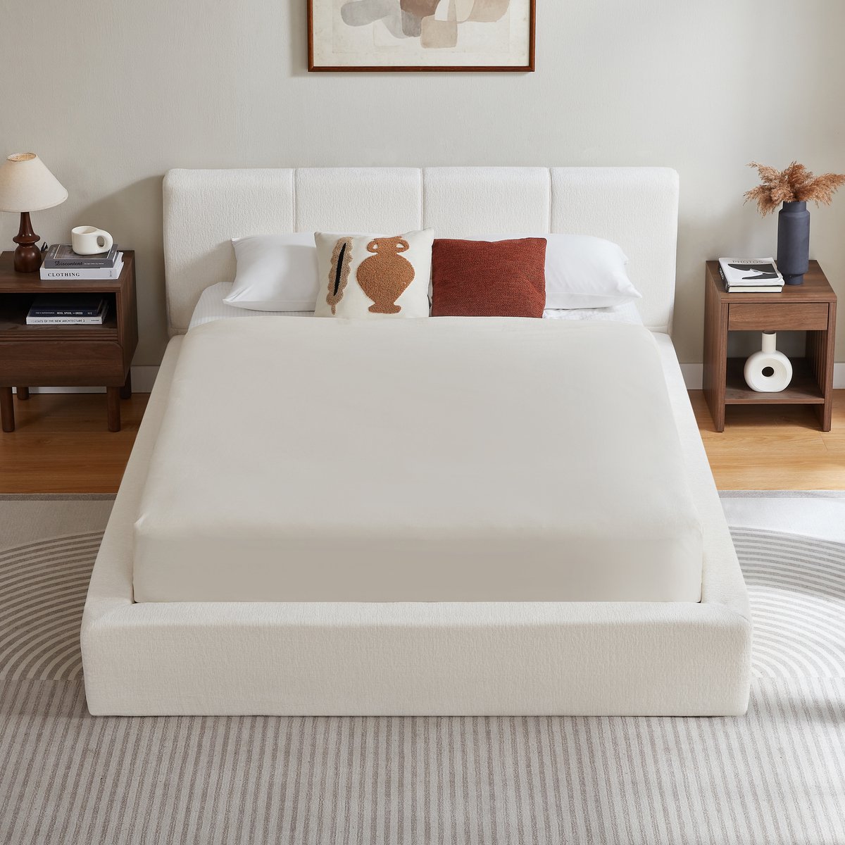 REDOM - Bed - Gestoffeerd hoofdbord - Versterkt stalen frame - Eenvoudige montage - Minimalistische stijl - Slaapkamer - Metaal en stof - Crèmewit - 228 x 169 x 88 cm