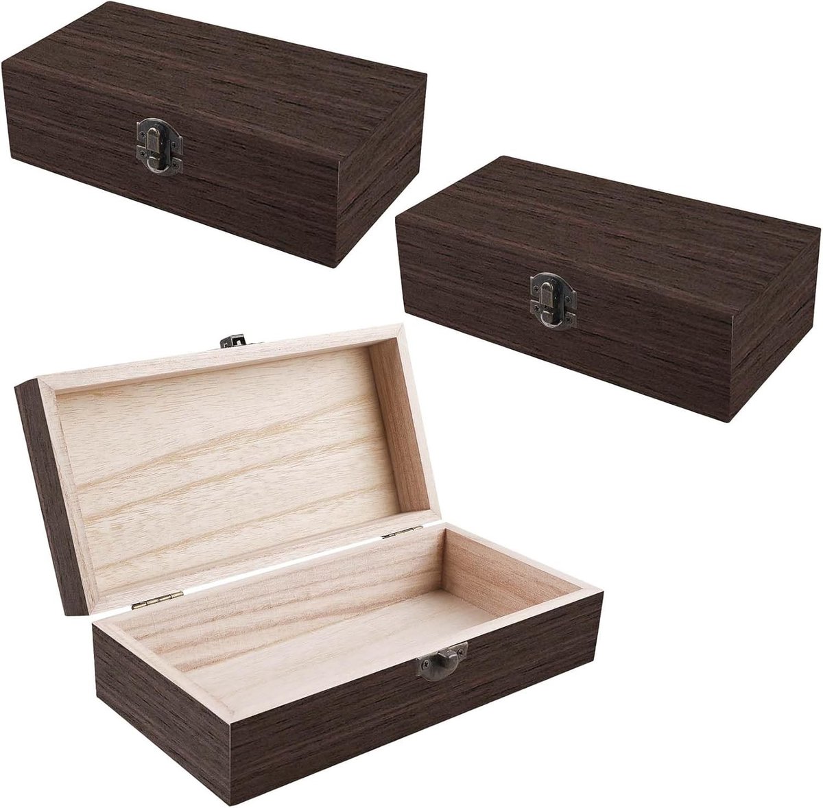 Set van 3 Houten Dozen met Deksel, 20 x 10 x 6 cm, Natuurlijke Houten Opbergdozen voor Thuis, Kantoor en Cadeaus