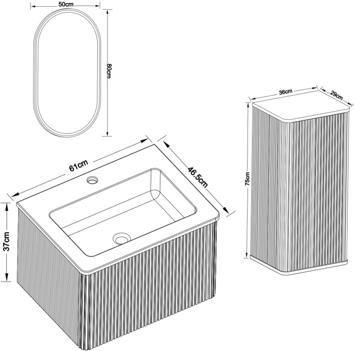REDOM - Badkamermoebelset met wastafel, LED-spiegel en zijkast - 60cm breed, wit