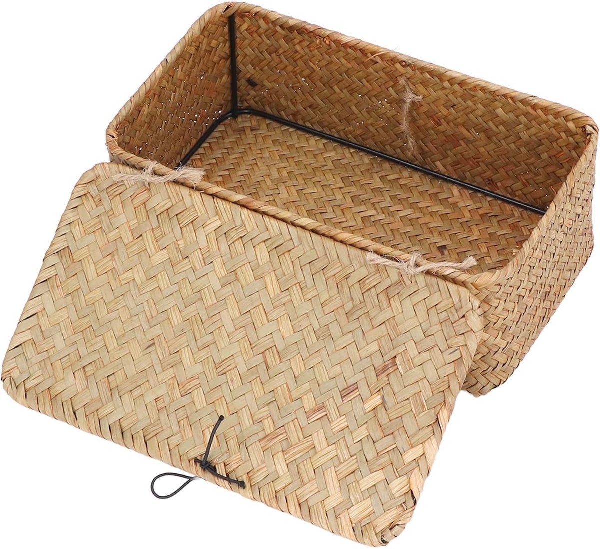 Geweven rechthoekige seagrass opbergmand voor bureau, slaapkamer en woonkamer, handgemaakt met deksel voor planken en pantry (L)