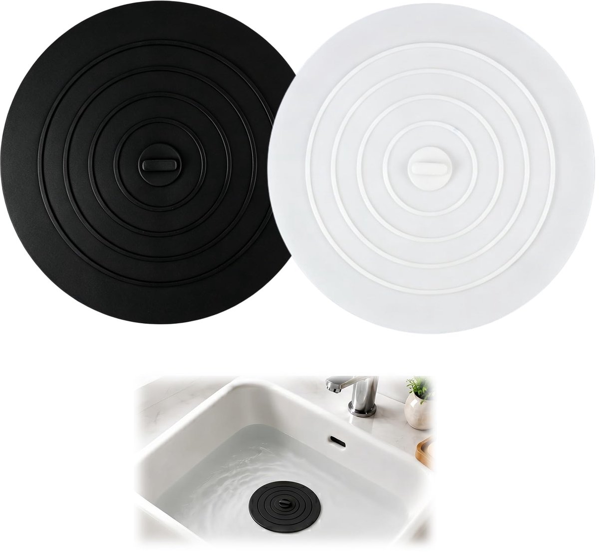 Set van 2 Universele Siliconen Afvoerstops - Voorkomt Geuren en Waterafvoer - Voor Wasbak Spoelbak Douche Bad - Wit & Zwart