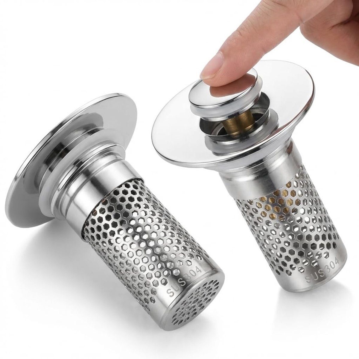 Universele Pop-Up Wastafelstop - Van RVS & Messing - Met afvoersief & haarfanger tegen verstoppingen - Voor badkamer - 27-38 mm