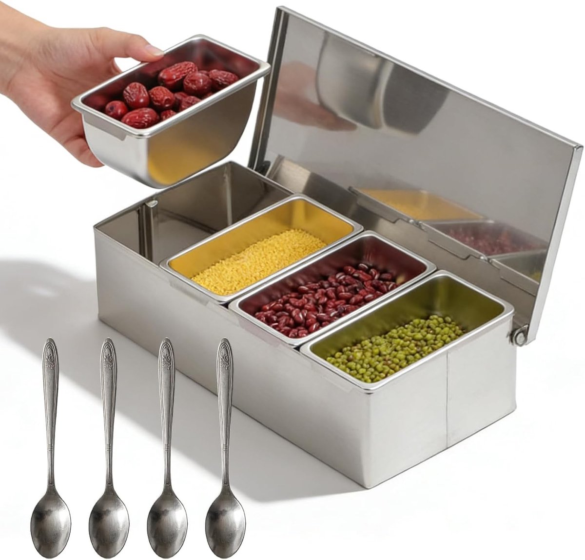 Multi-Ingredient Houder van RVS, Kruidendoos met 4 Compartimenten, Keuken Organizer voor Specerijen en Ingrediënten (450 ml/grid)
