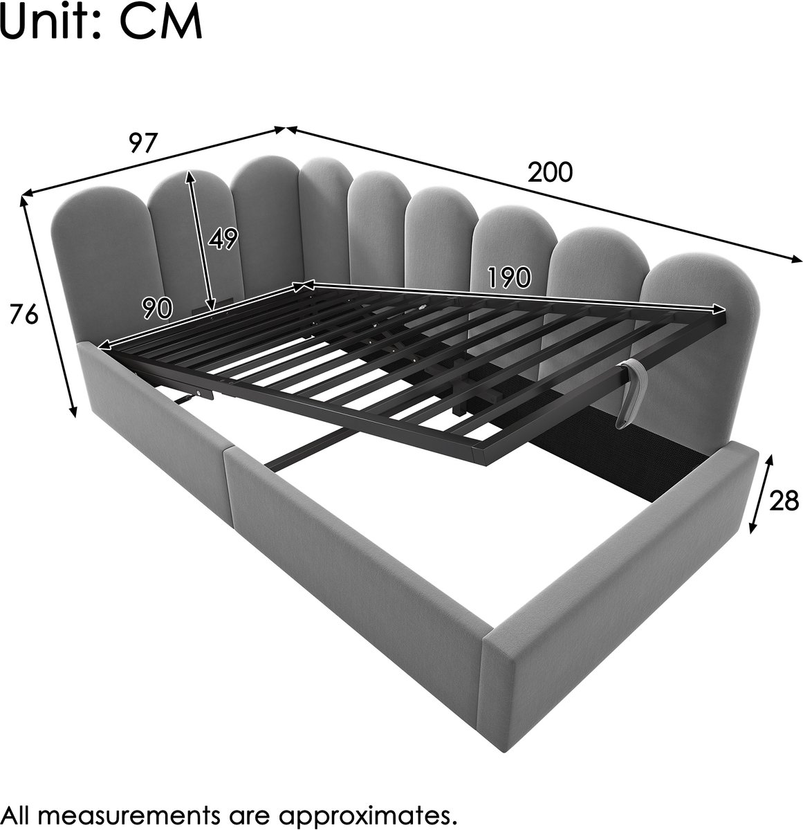 WUVRIE Bedbank 90x190 cm met hydraulische opbergruimte, velvet en metalen lattenbodem, grijs