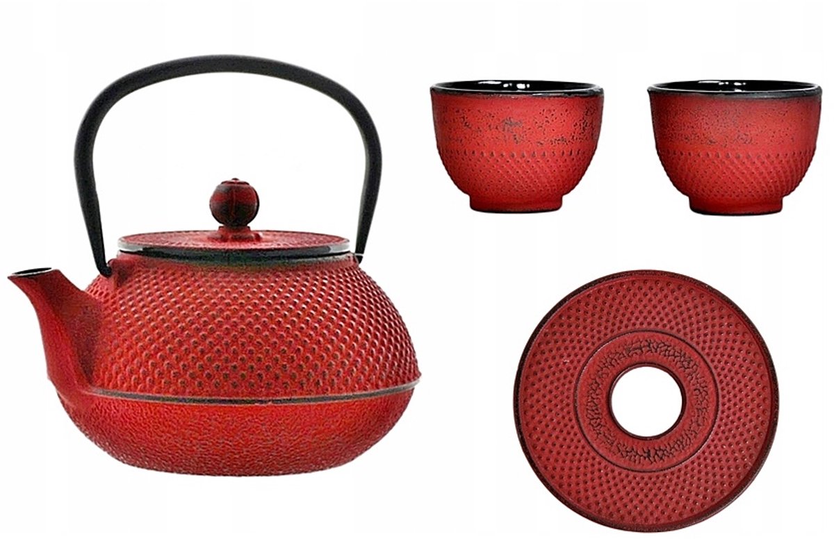 Rode gietijzeren theepot set met 2 kopjes, 800 ml