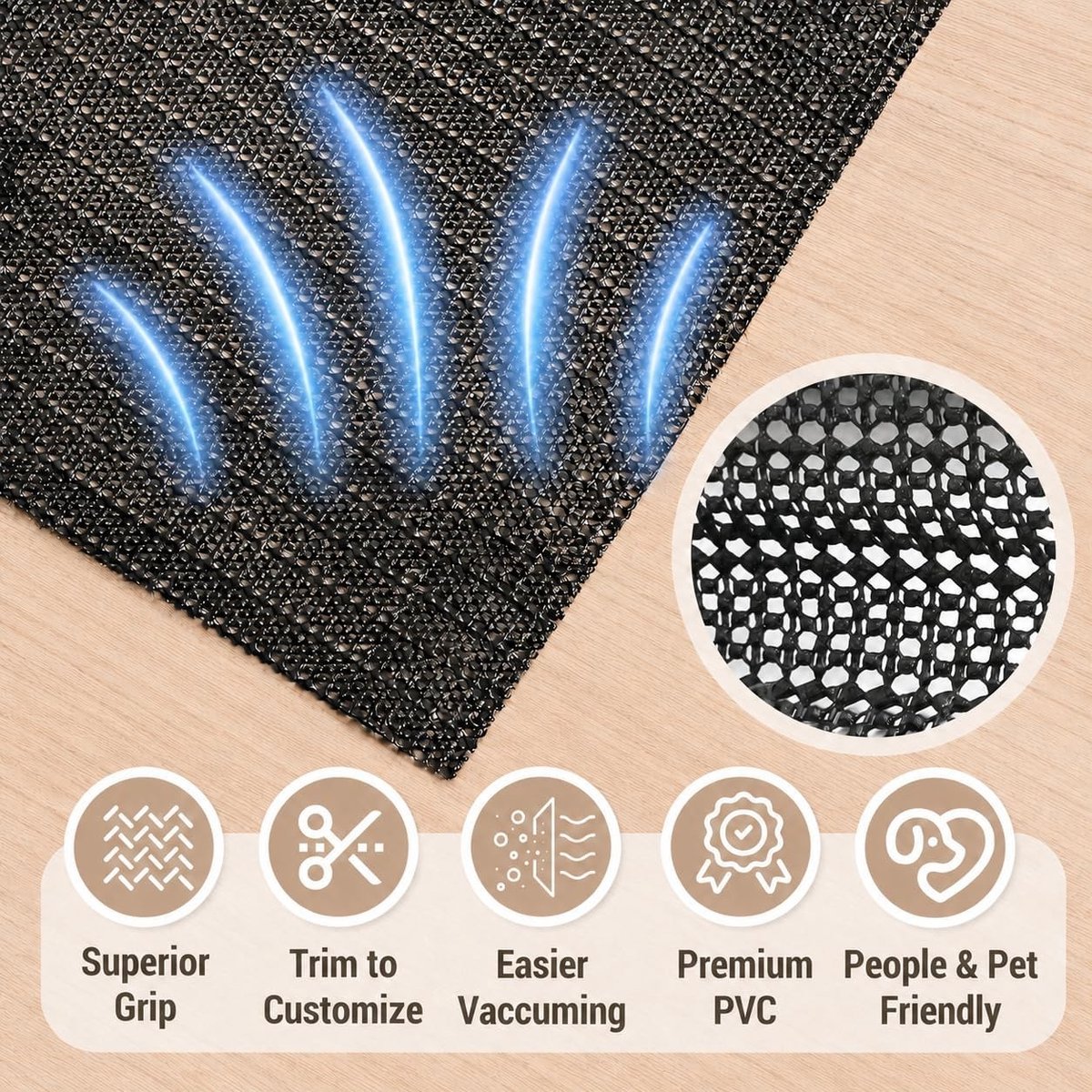 Antislip mat fitnessapparaat - Zwart - 160 x 220 cm - PVC Antislip Tapijtgrijper - Voor Thuis, Kantoor en Auto