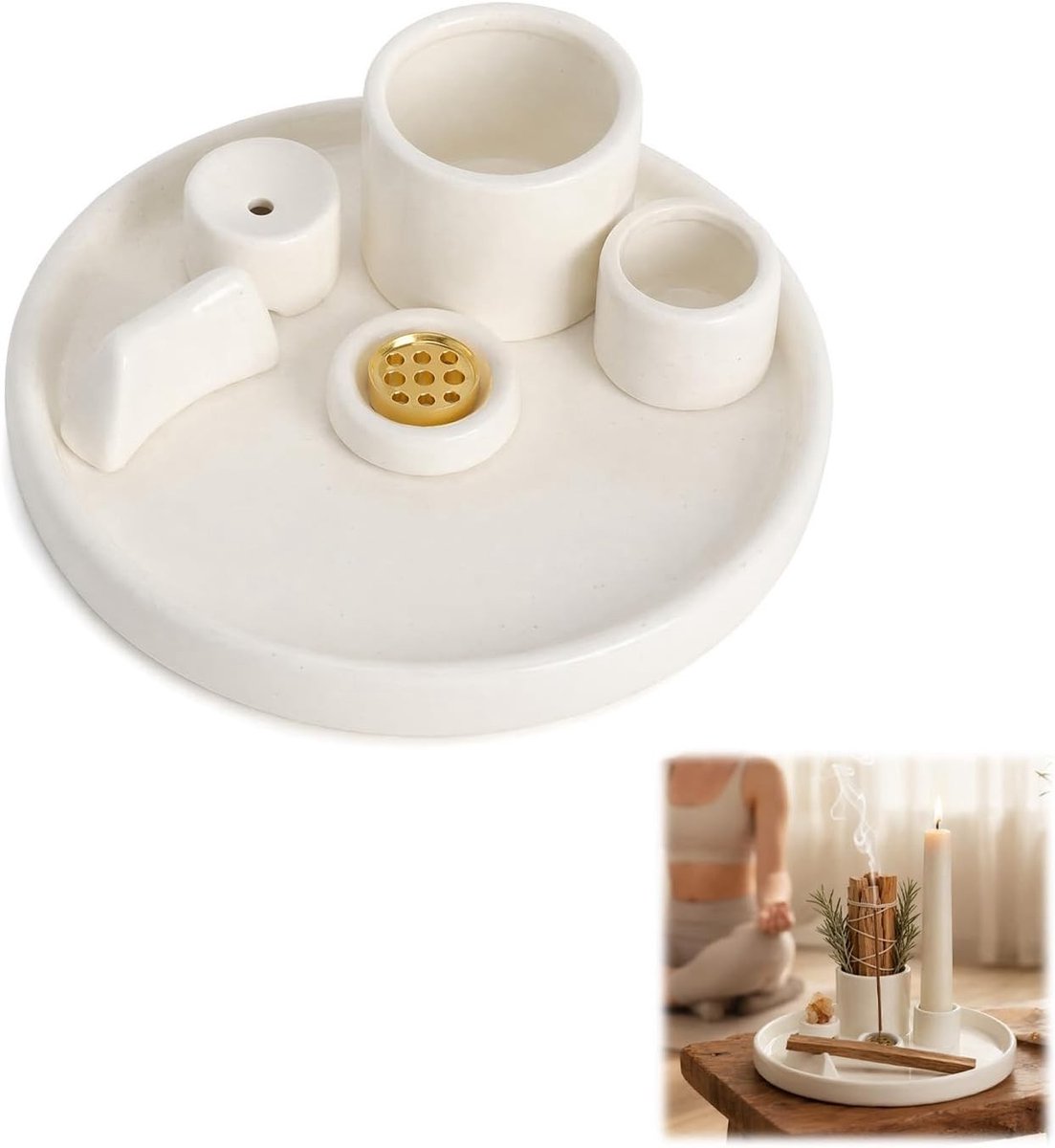 Multifunctionele keramische wierookhouder met asschaal voor salie, palo santo, wierookstokjes en kegels, ideaal voor meditatie, yoga en sfeervolle huisdecoratie