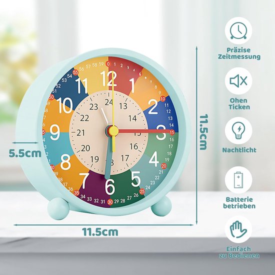 Kinderwekker Analoog - Stillewekker Kinderen - Tijd Leren - Geen Tikkend Geluid - 11.5 cm - Blauw — afbeelding 4