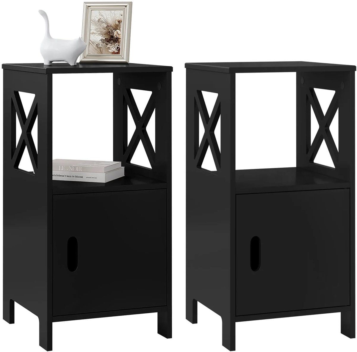 Klarven Nachtkastjes Set van 2 Zwart - Modern Design, Makkelijk Schoon te Maken, Open en Verborgen Opbergruimte - MDF - B 30 x D 30 x H 60 cm