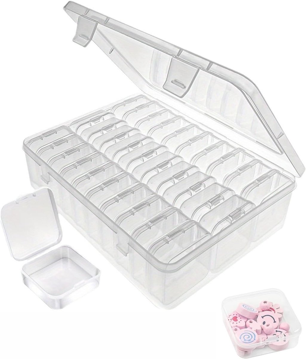 30 Stuks Mini Transparante Opbergdozen en 1 Grote Opbergdoos, Ideaal voor Sieraden, Pillen en Knutselmaterialen, 5.5 x 5.5 x 2 cm