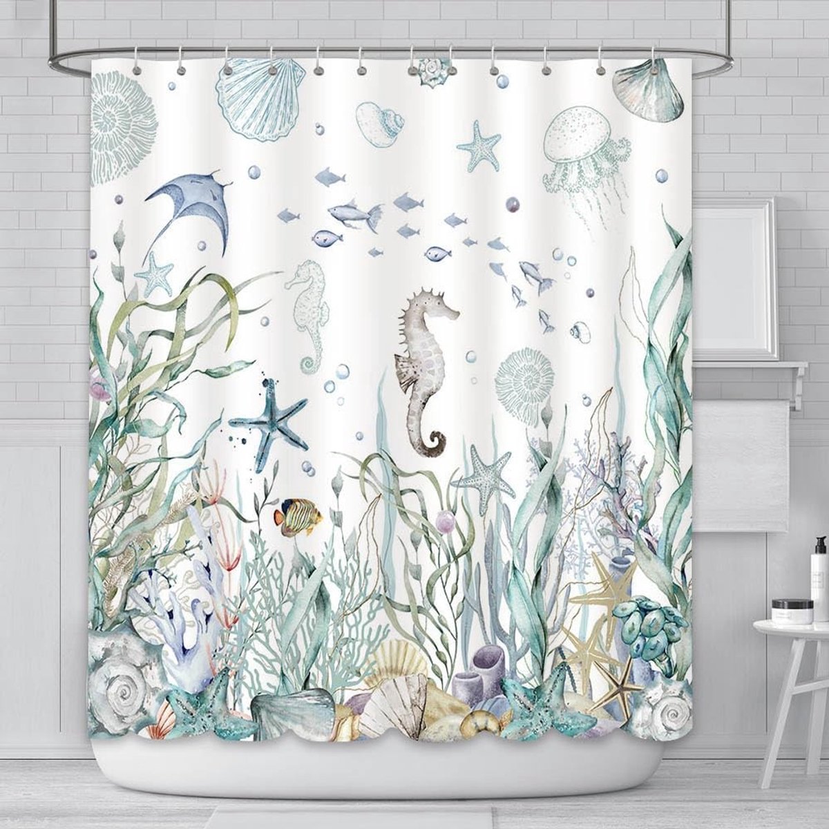180x180cm Douchegordijn Onderwater Thema met Sterren en Schelpen - Waterdicht en Duurzaam Polyester met 12 Haakjes voor Badkamerdecoratie
