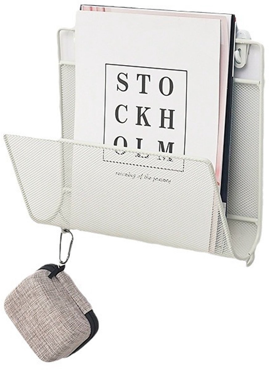 Wclavion Tijdschriftenrek Wit – Wandgemonteerd Krantenrek van Metaal met Gaas, voor Woonkamer en Kantoor, Draagbare Muurdecoratie met Handig Haakje voor Sleutels Afbeeldingskleur