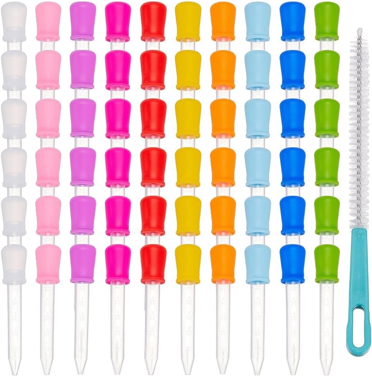 100 Stuks 10 Kleuren Vloeistofdruppelaars met Schoon Borsteltje, 5ml Siliconen Pipetten voor Gelatine, Olie, Knutselen en Wetenschappelijke Experimenten