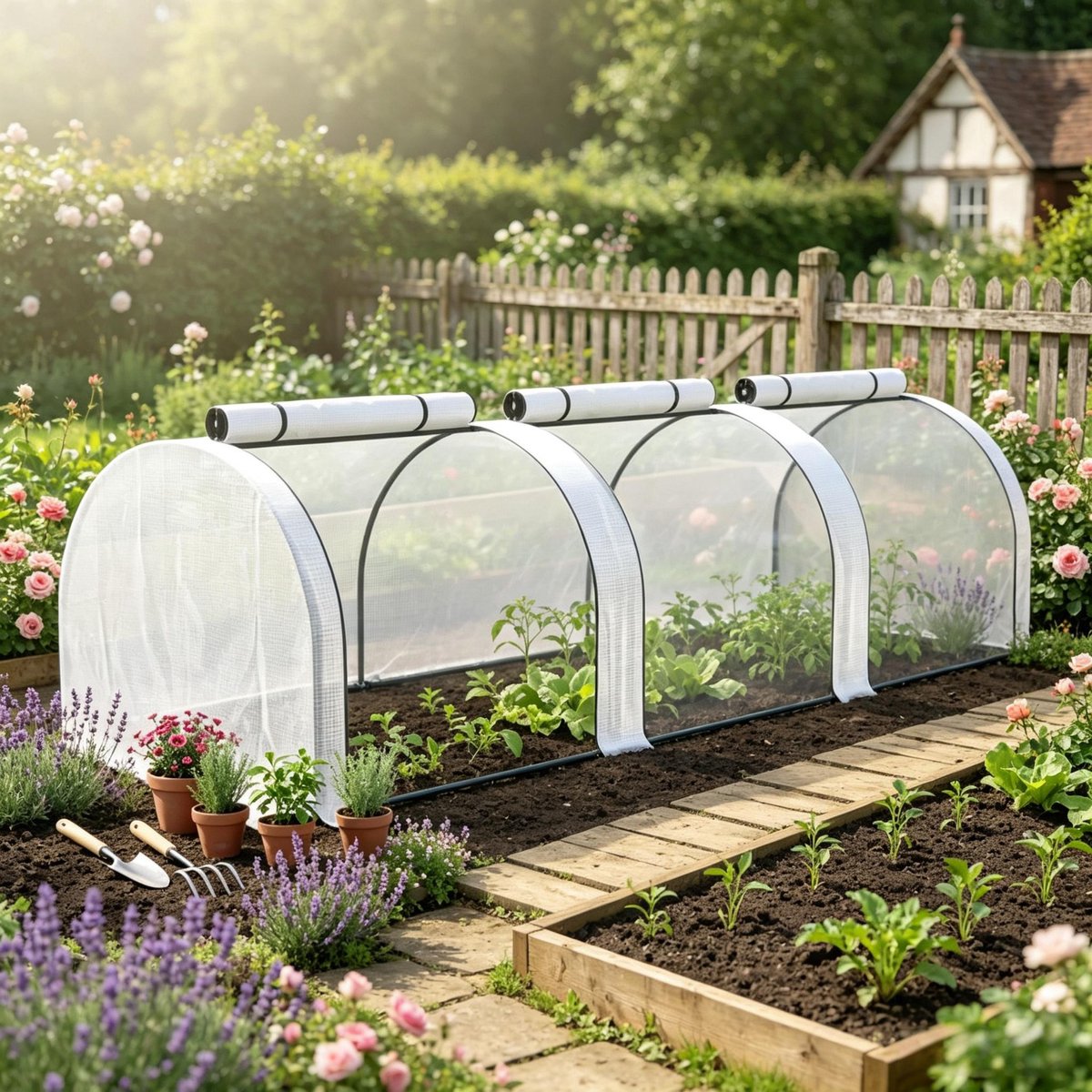 REDOM - Kas onderdeel - Tunnelkas met 3 deuren met rits - Modulaire bescherming voor tuinplanten - Thermisch gelakt staal en PE - 295 x 100 x 80 cm