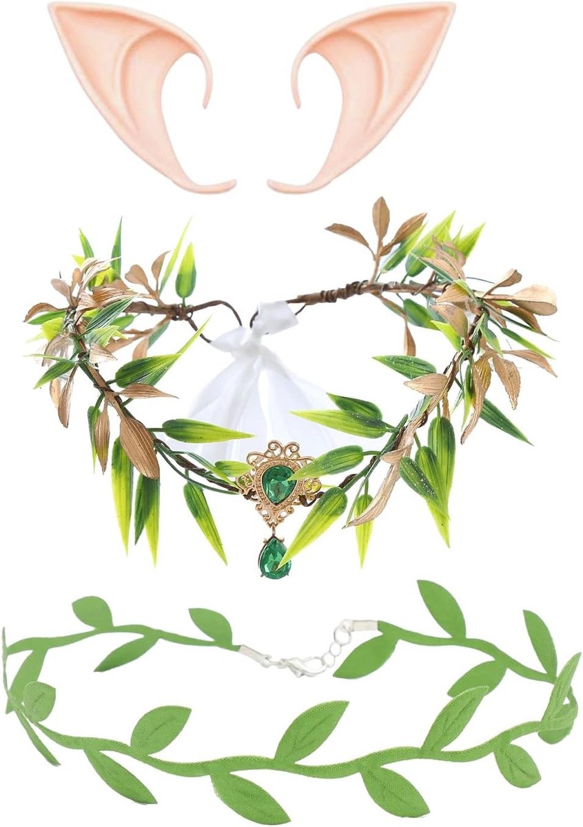 3D Elf Accessoires Set met Sieraden, Groene Bladeren Choker en Elf Oor Cuff voor Fantasie en Renaissance Kostuum Cosplay