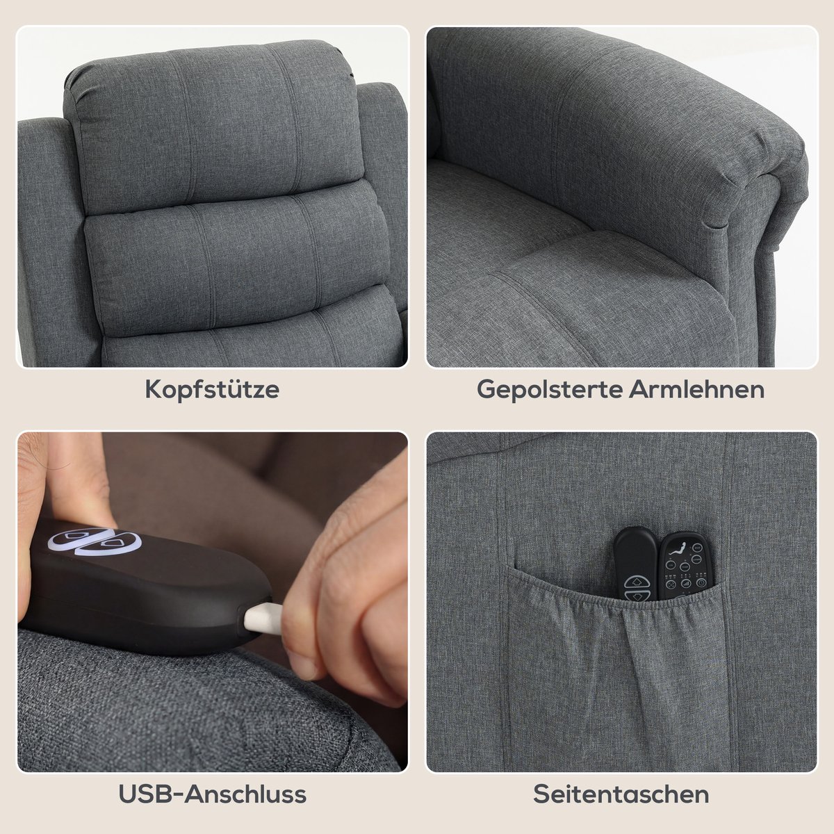 HOMCOM Sta-op Fauteuil met Massage en Verwarming - Relaxstoel - Tv-fauteuil - Ligstoel - Grijs – foto 5