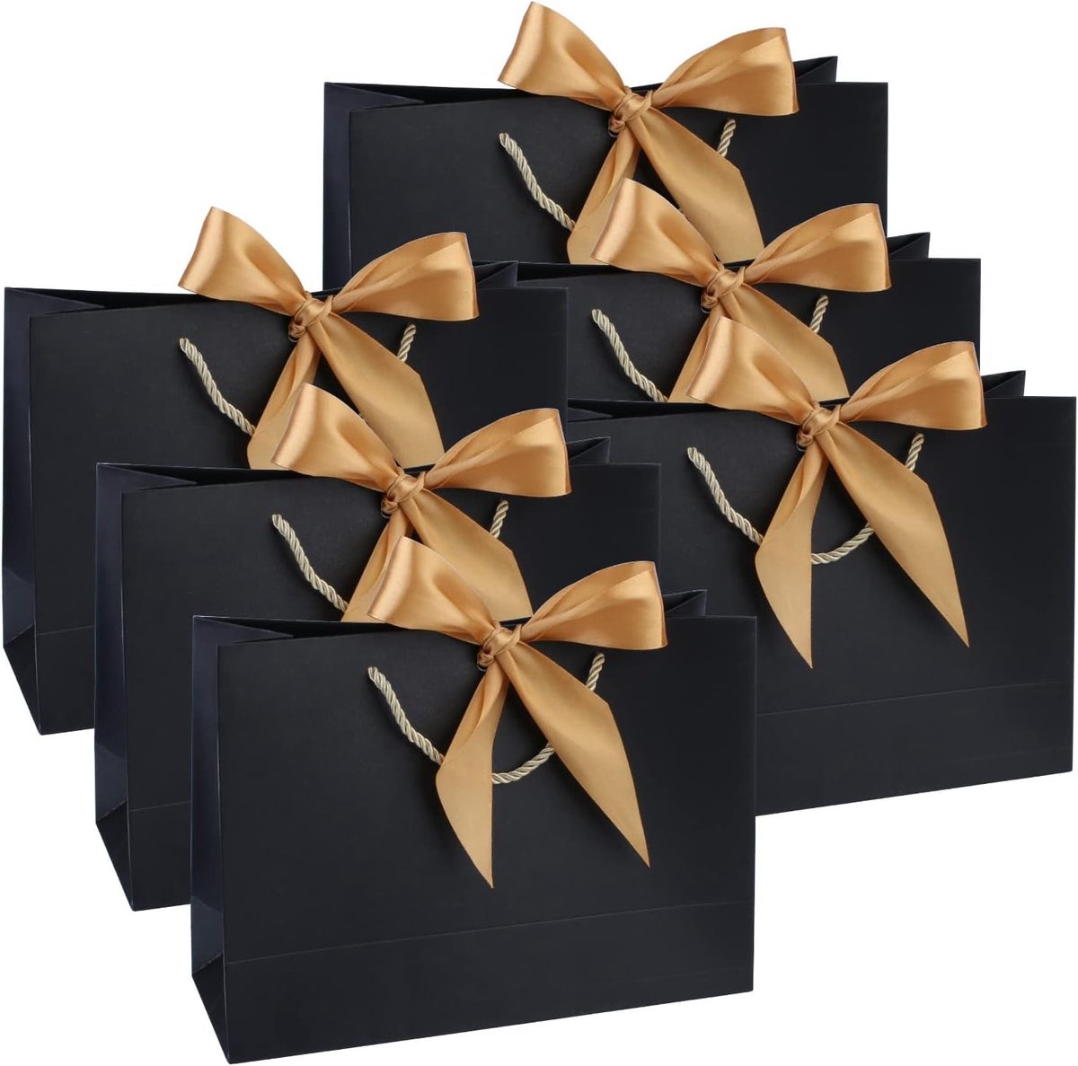 6 geschenkzakjes 28 x 20 x 10 cm, papieren cadeauzakjes met handvat en strik voor verjaardag, bruiloft en feestelijke gelegenheden, zwart