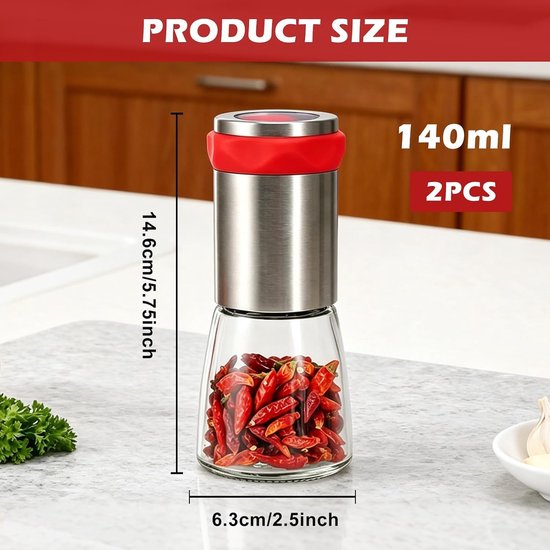 Chili Molen van RVS en Glas, 2-delige Kruidenmolen Set voor Grof Gemalen Specerijen, Peper en Gedroogde Chili, 140 ml Capaciteit — afbeelding 5