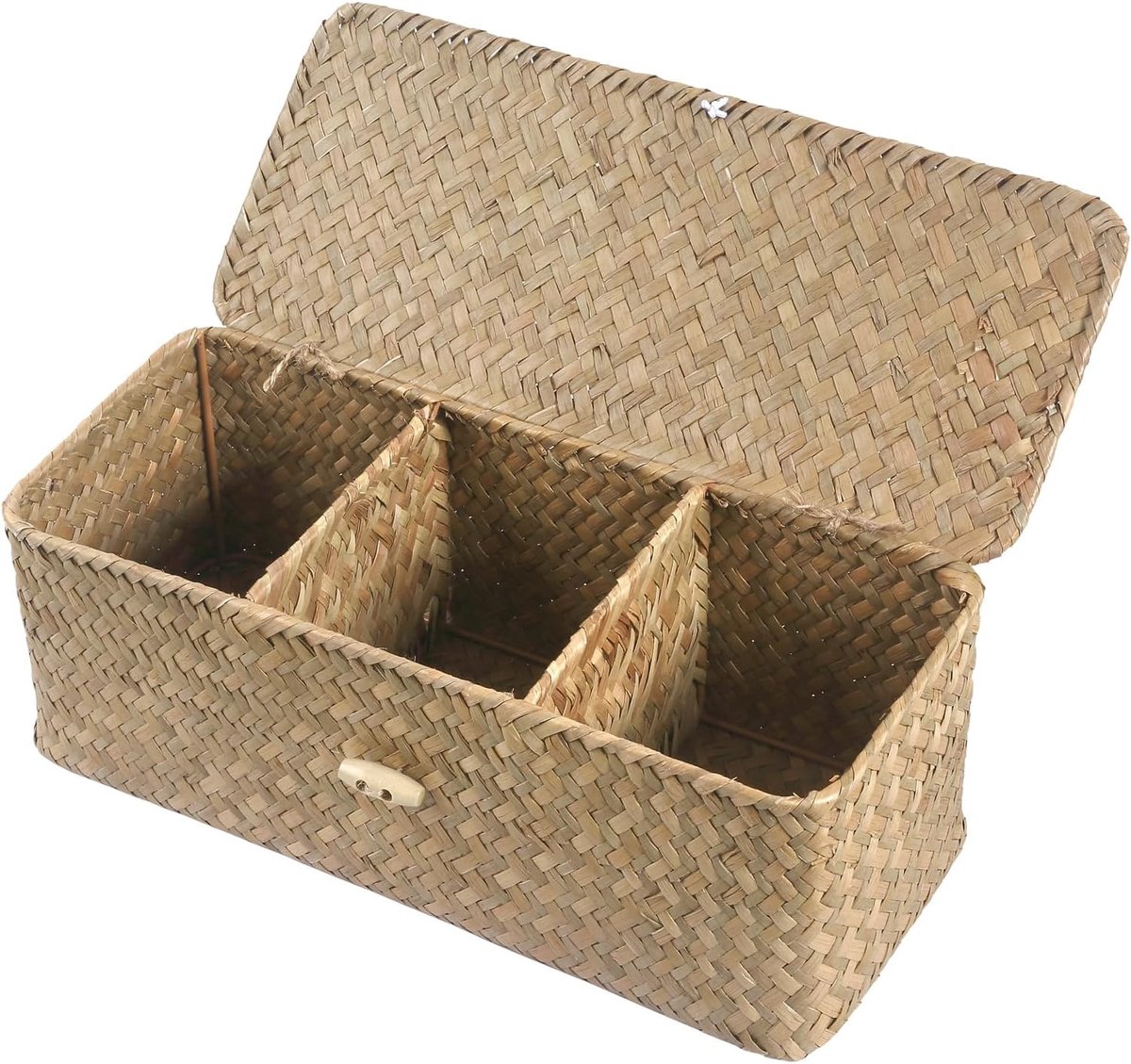 Opbergmand voor Toiletpapier met Deksel - Seagrass Mand met 3 Compartimenten voor Badkamerorganisatie en Decoratie