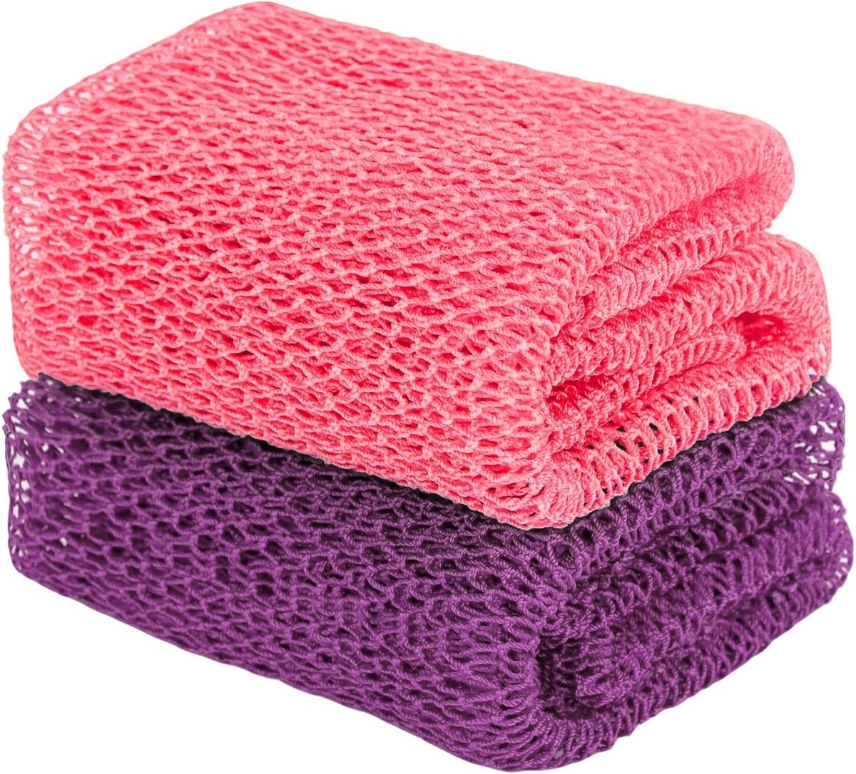 Twee Stuks Afrikaanse Douche Sponsen met Rugborstel en Lichaamspeeling Accessoires in Roze en Paars voor een Verfrissende Doucheervaring