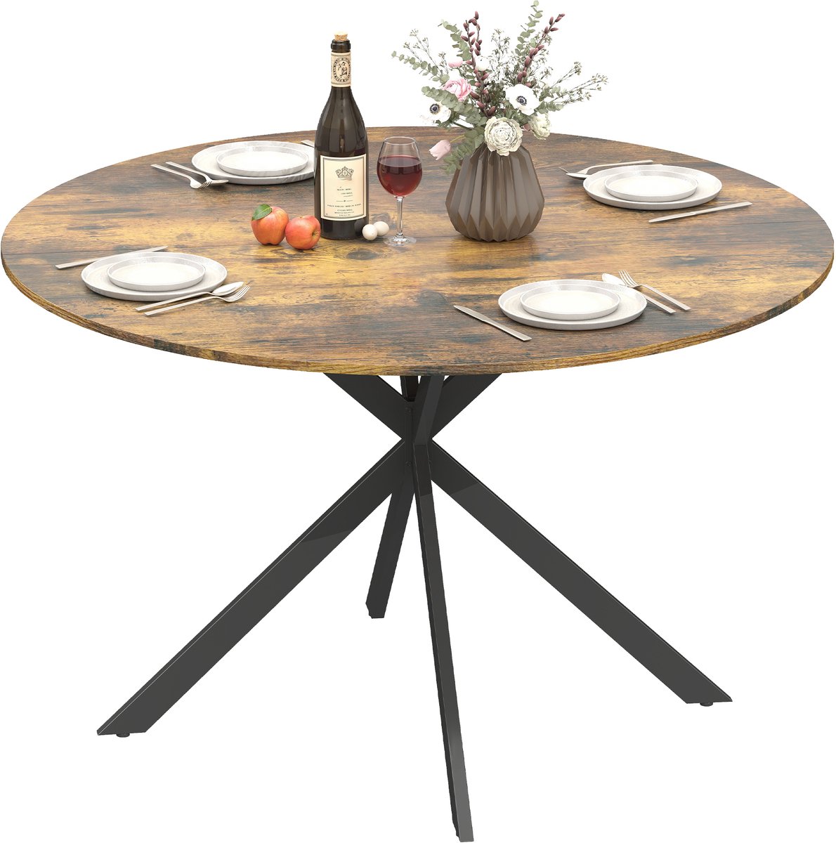 Homcom ronde eettafel voor 4 personen met X-poten - Keukentafel - Eethoek - Ronde tafel - Bruin rustiek bruin