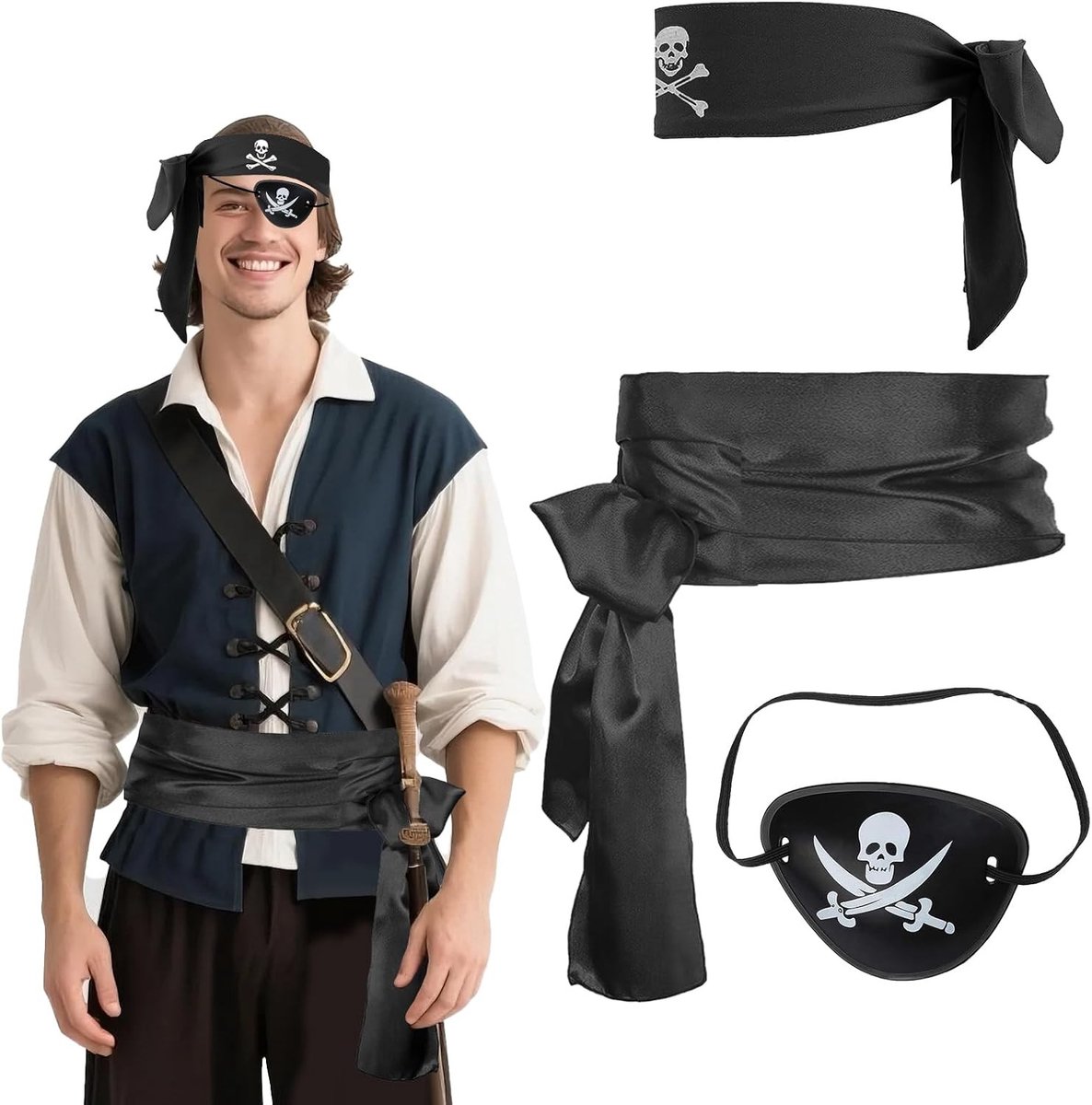 Piratenkostuum voor Volwassenen met 3 Accessoires, Inclusief Bandana, Ooglapje en Jas voor Cosplay en Feestjes