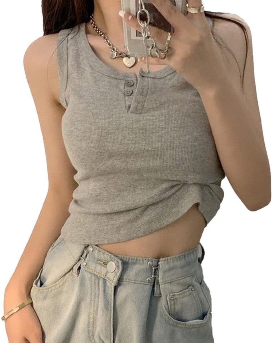 Zomerse Casual Tanktop voor Dames met U-Hals en Mouwloos Ontwerp - Comfortabele Ribstof in Grijs met Knopen en Sexy Look