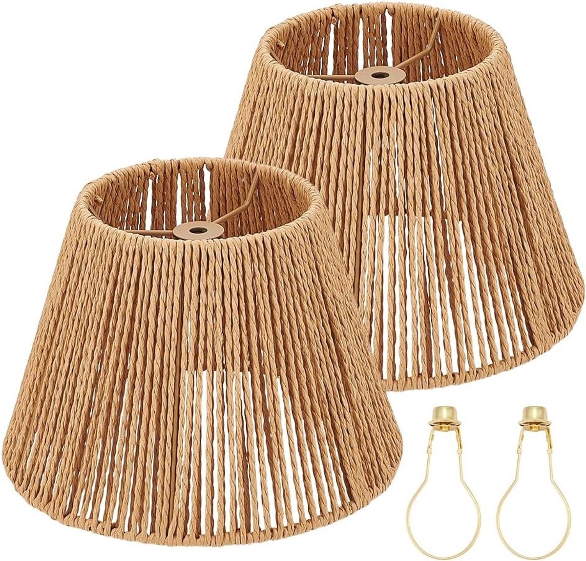 Set van 2 Kleine Rieten Lampenkappen voor Tafellampen, Vervangende Wicker Lampenkappen met Lampclip Adapters voor Sfeervolle Verlichting in de Slaapkamer, 14cm Boven × 24cm Onder × 17cm Hoog