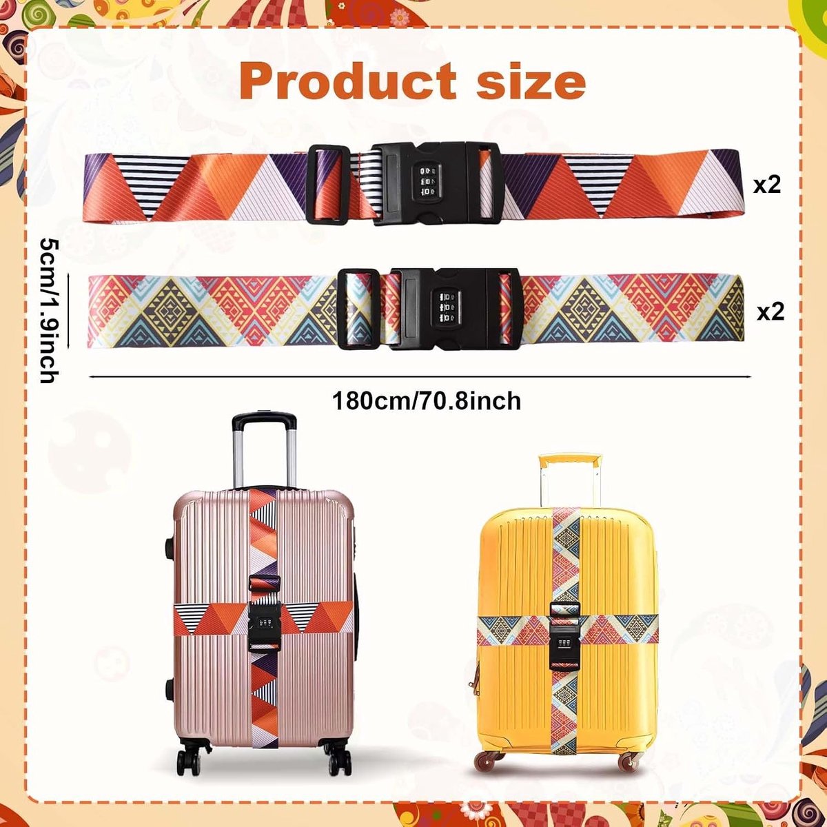 Set van 2 Verstelbare Kofferbanden met Veiligheidscode, 5 x 180 cm, Bagagebanden voor Veiligheid en Snelle Identificatie, Perfect voor Koffers, Rugzakken en Reizen