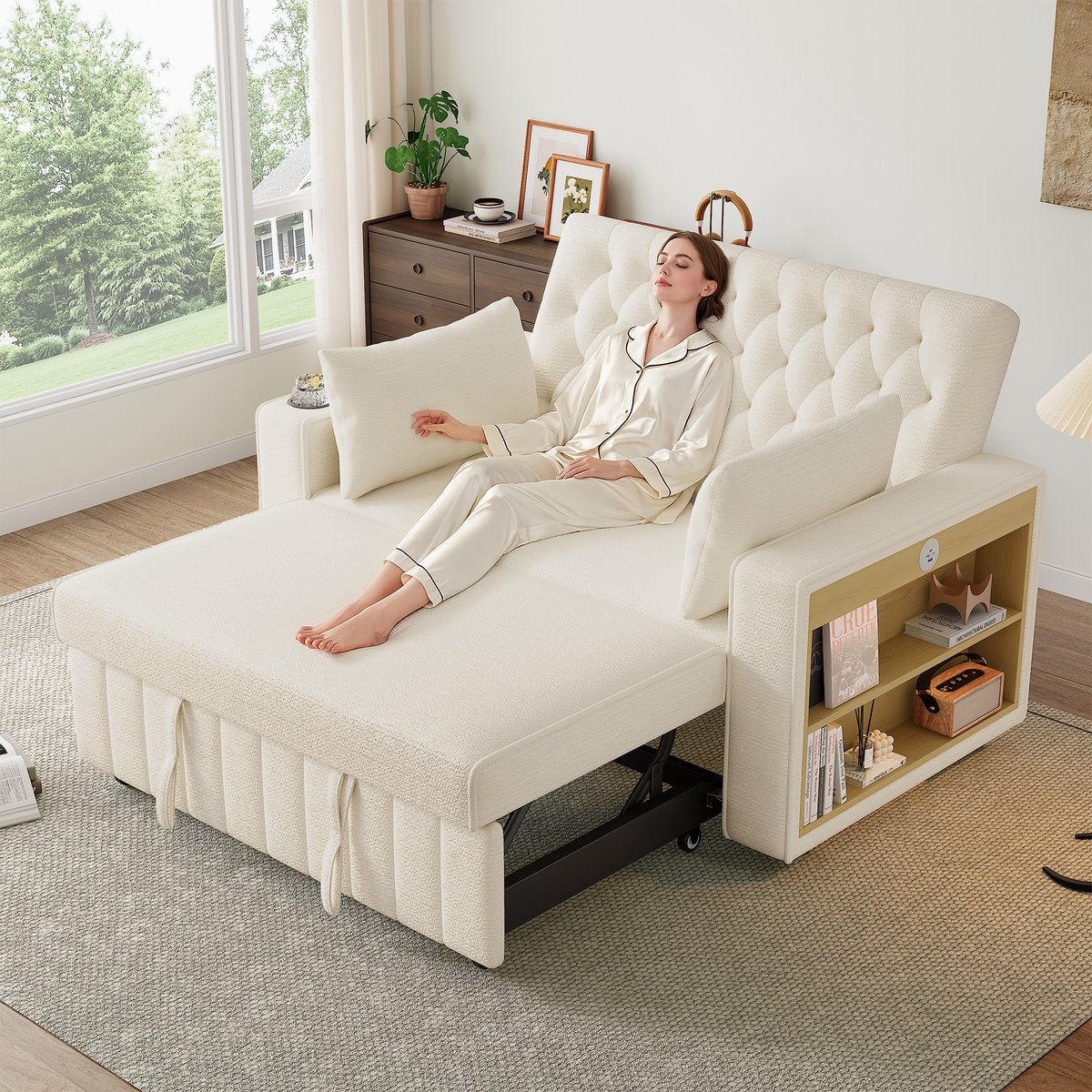 2-Zits Bank, Multifunctionele Slaapbank, Moderne Opvouwbare Bank Met Opbergruimte En Slaapfunctie, Bekerhouder, USB-Oplaadpoort En Kussens, Ruimtebesparende Bank Voor Woonkamer, Slaapkamer En Logeerkamer, Beige