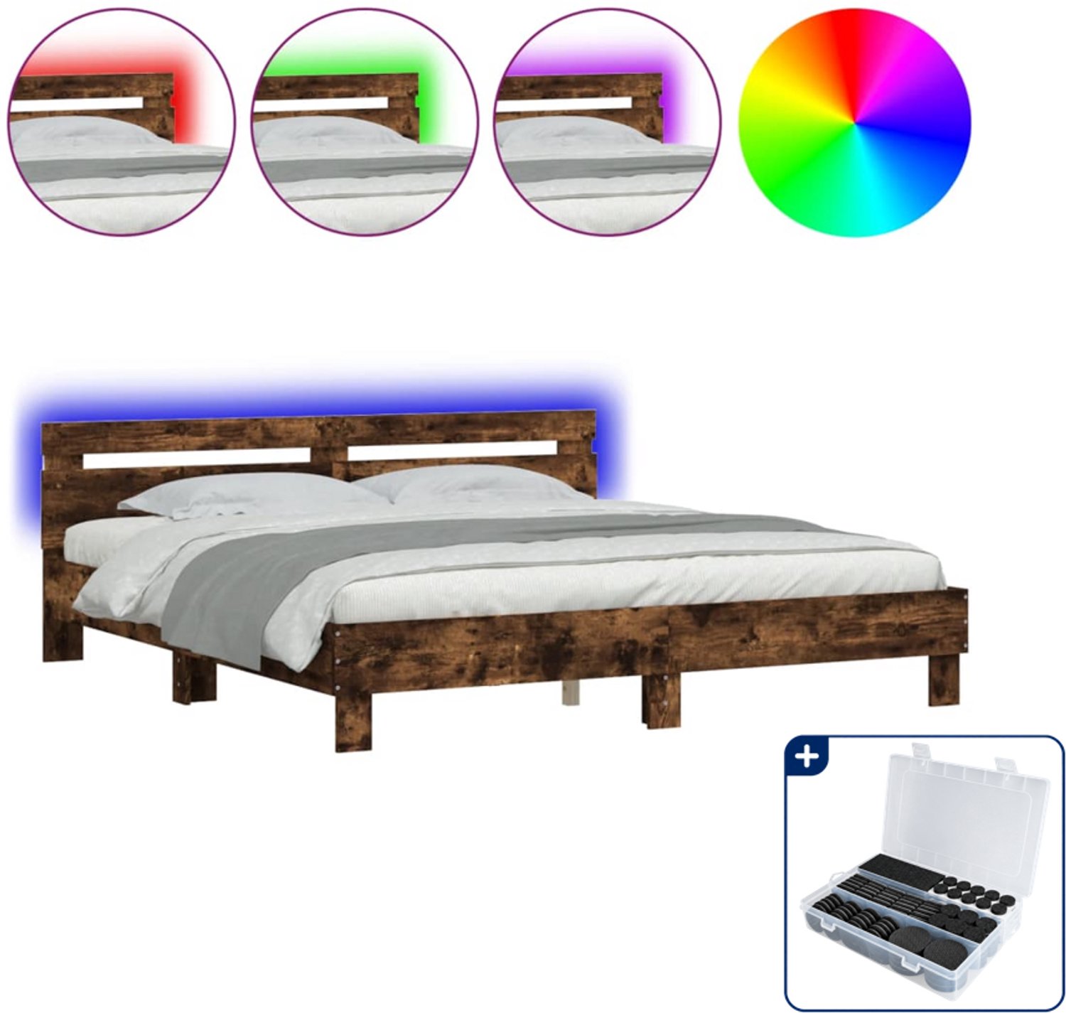 vidaXL bedframe met led - 200 x 200 cm - gerookt eiken - Inclusief antikrasvilt 177-delig Bruin