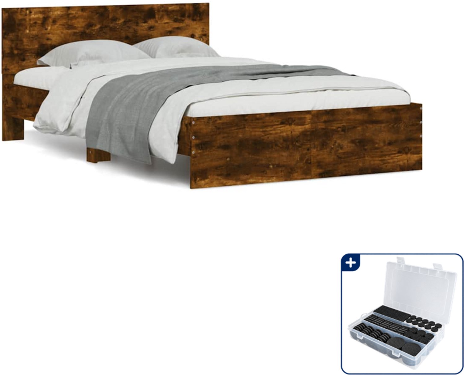 vidaXL bedframe met hoofdeinde - 135 x 190 cm - gerookt eiken - Inclusief antikrasvilt 177-delig Groen