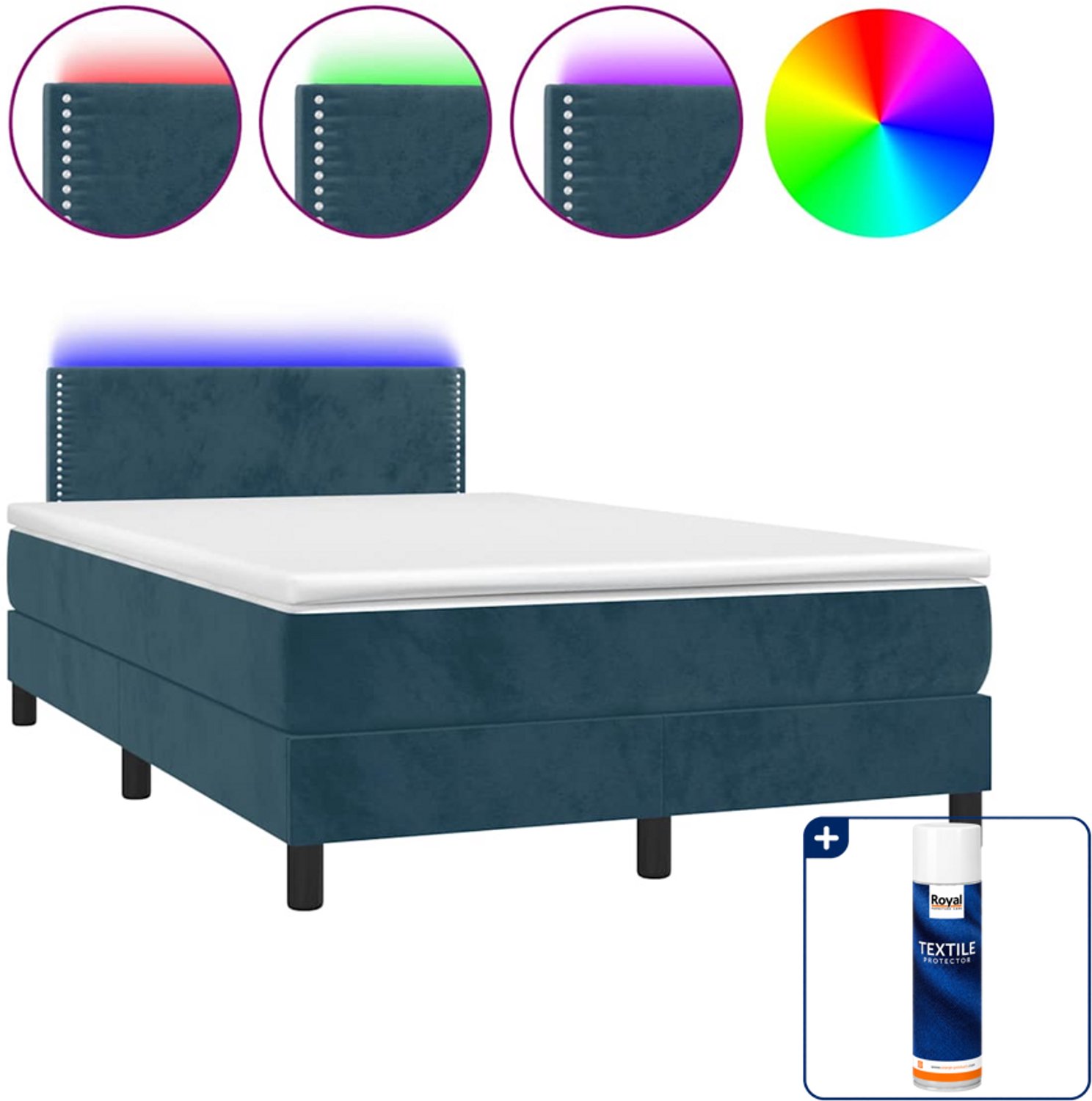 vidaXL boxspring met matras en led - 120 x 190 cm - fluweel - donkerblauw - Inclusief textielbeschermer 500 ml Grijs