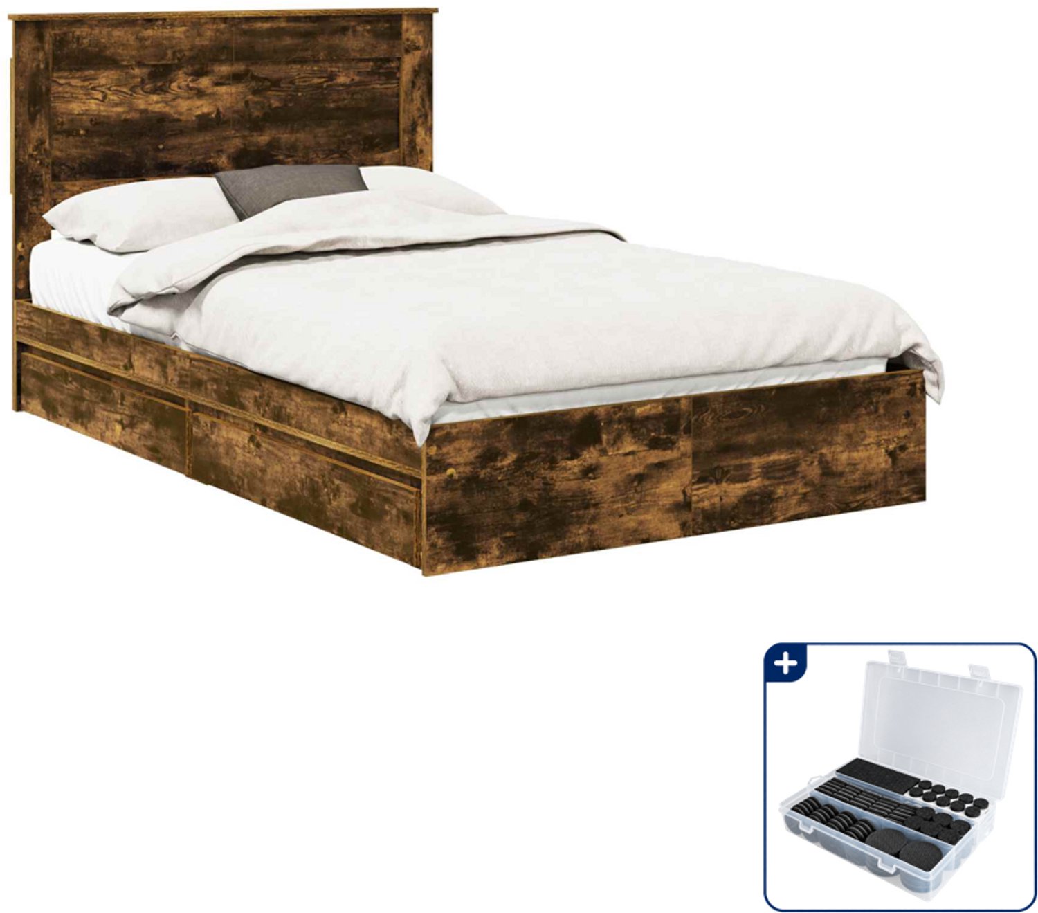 vidaXL bedframe - 135 x 190 cm - bewerkt hout - gerookt eiken - Inclusief antikrasvilt 177-delig Bruin