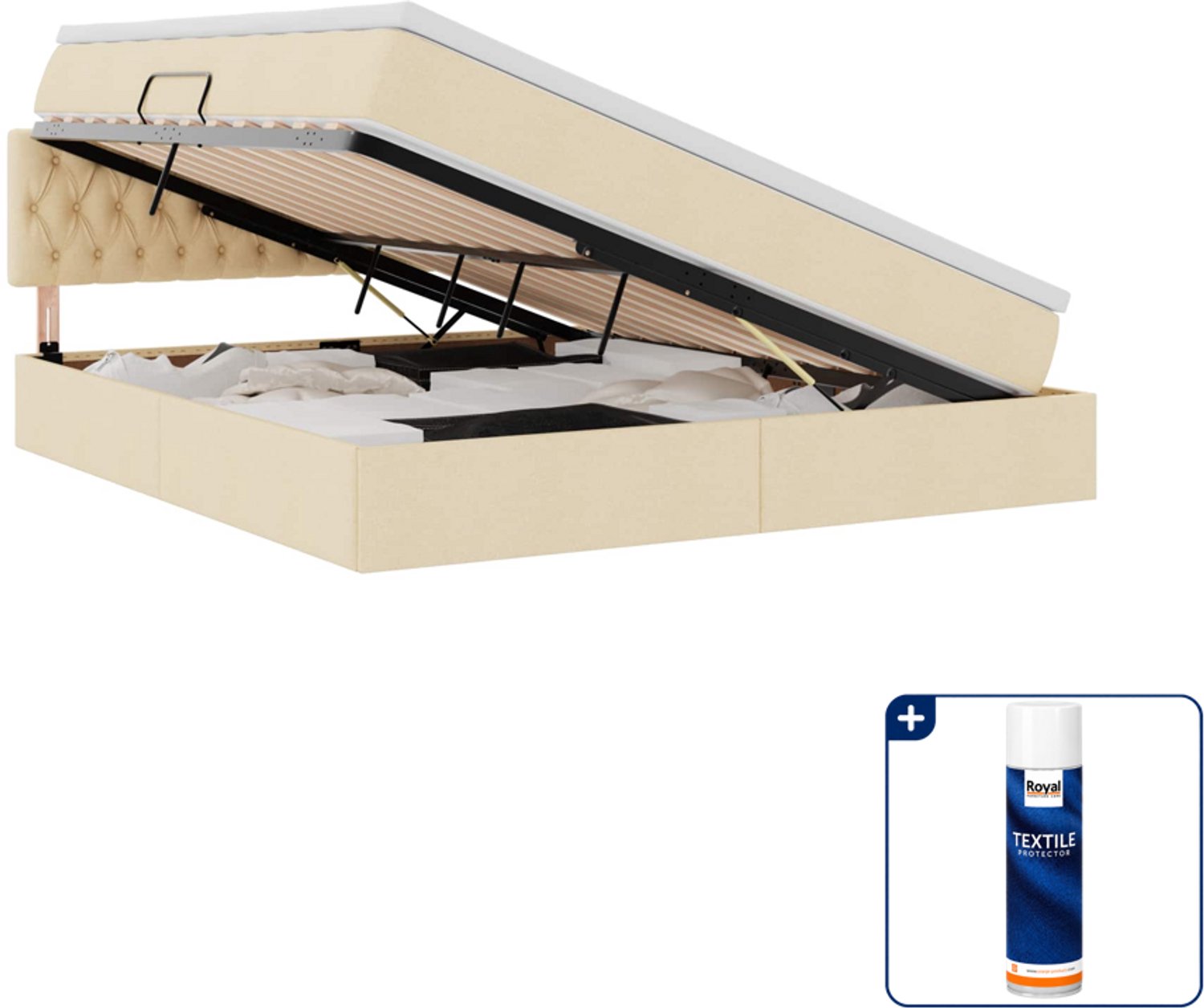 vidaXL Kingsize opbergbed met matras - 180 x 200 cm - crème - Inclusief textielbeschermer 500 ml Grijs