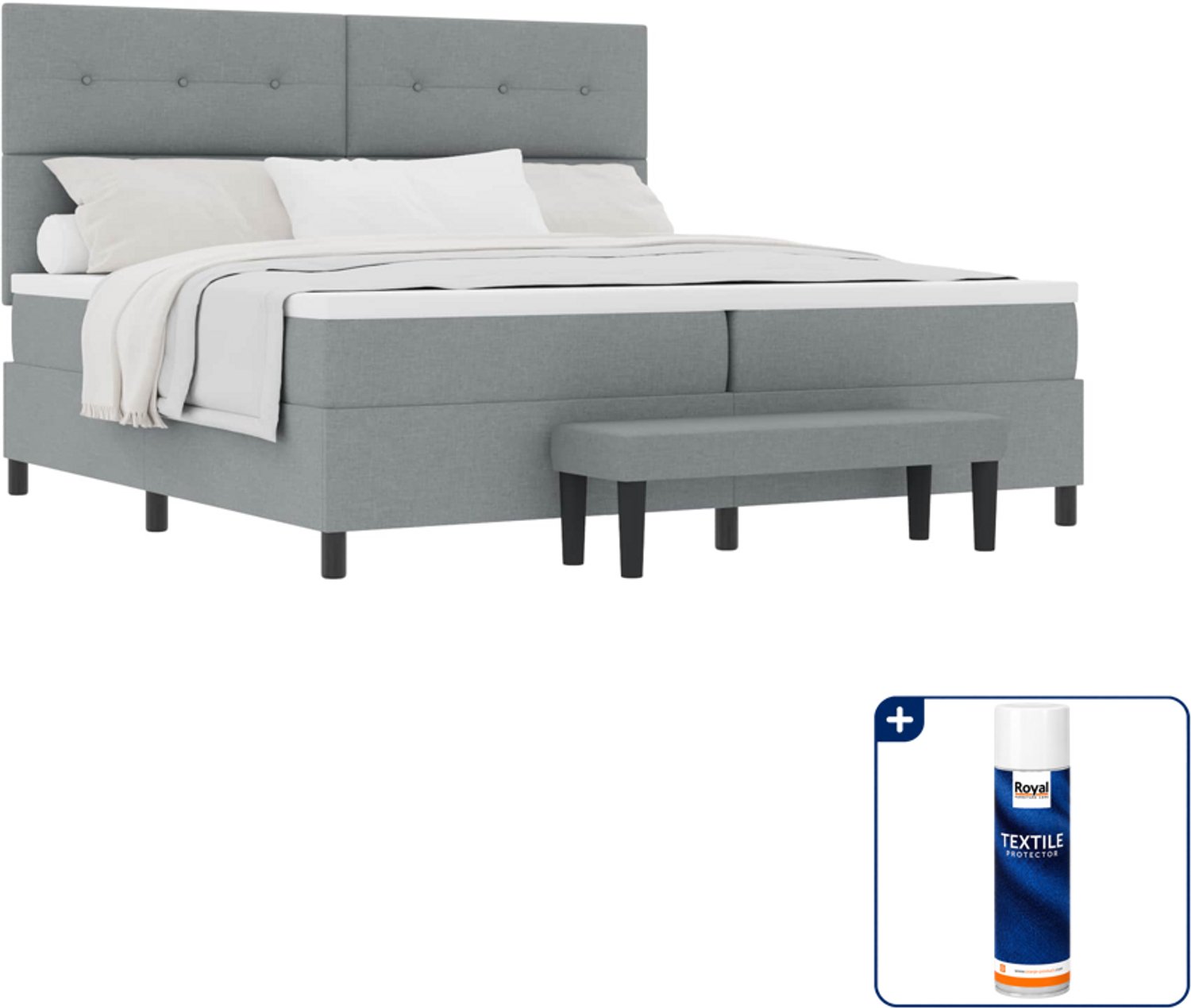 vidaXL boxspringbed - 200 x 200 cm - stof - lichtgrijs - Inclusief textielbeschermer 500 ml Crème