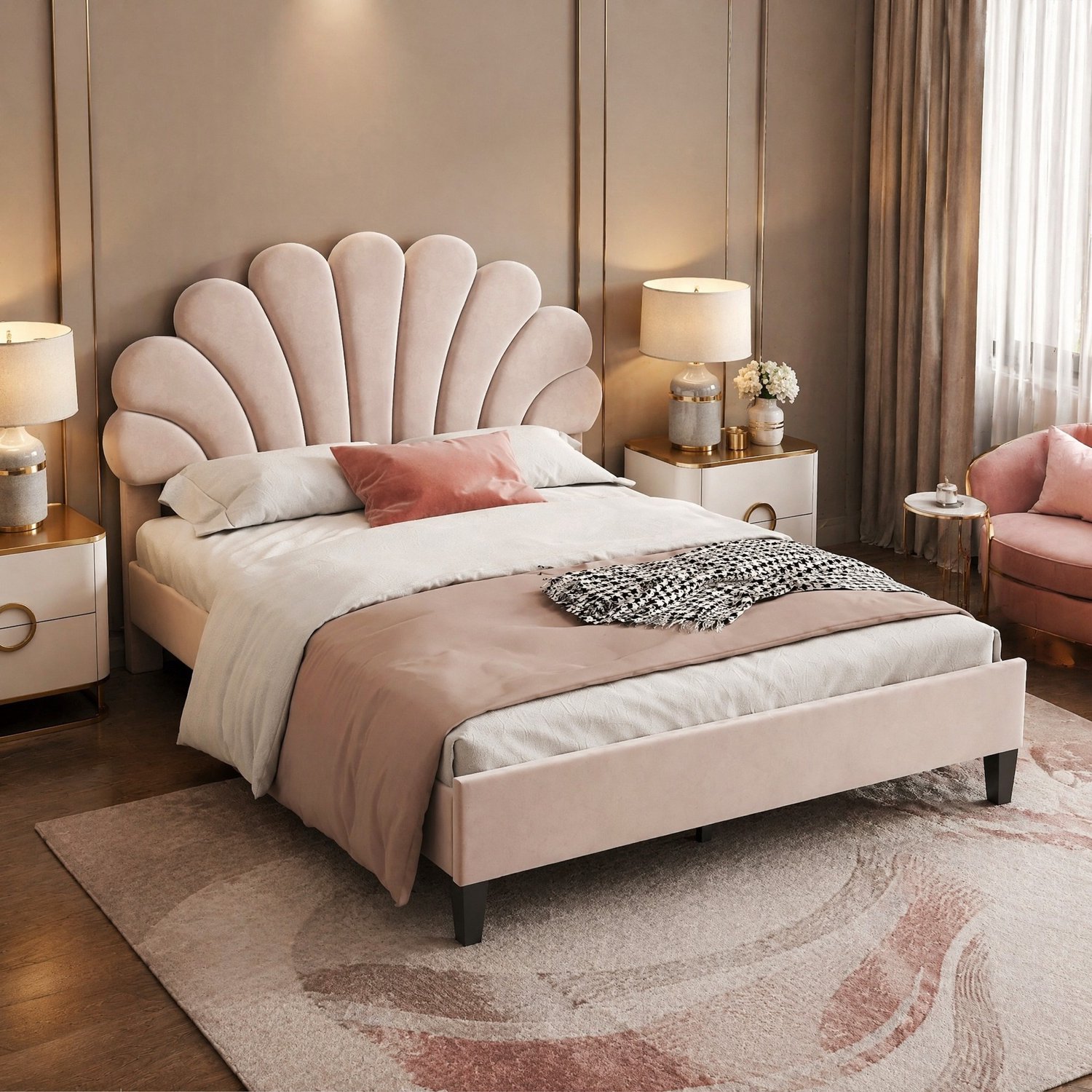 Maisentiel Gestoffeerd tweepersoonsbed 140 x 200 cm - beige fluweel - bloemvormig hoofdbord