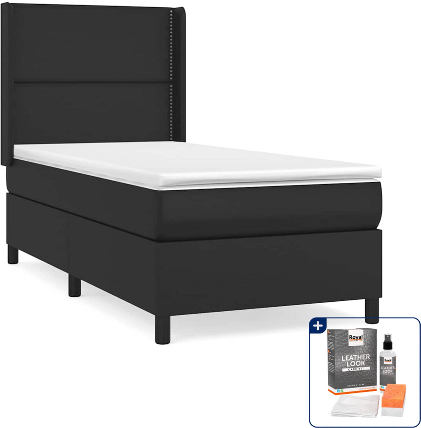 vidaXL boxspring met matras - 90 x 200 cm - kunstleer - zwart - Inclusief onderhoudsset voor kunstleer 150 ml