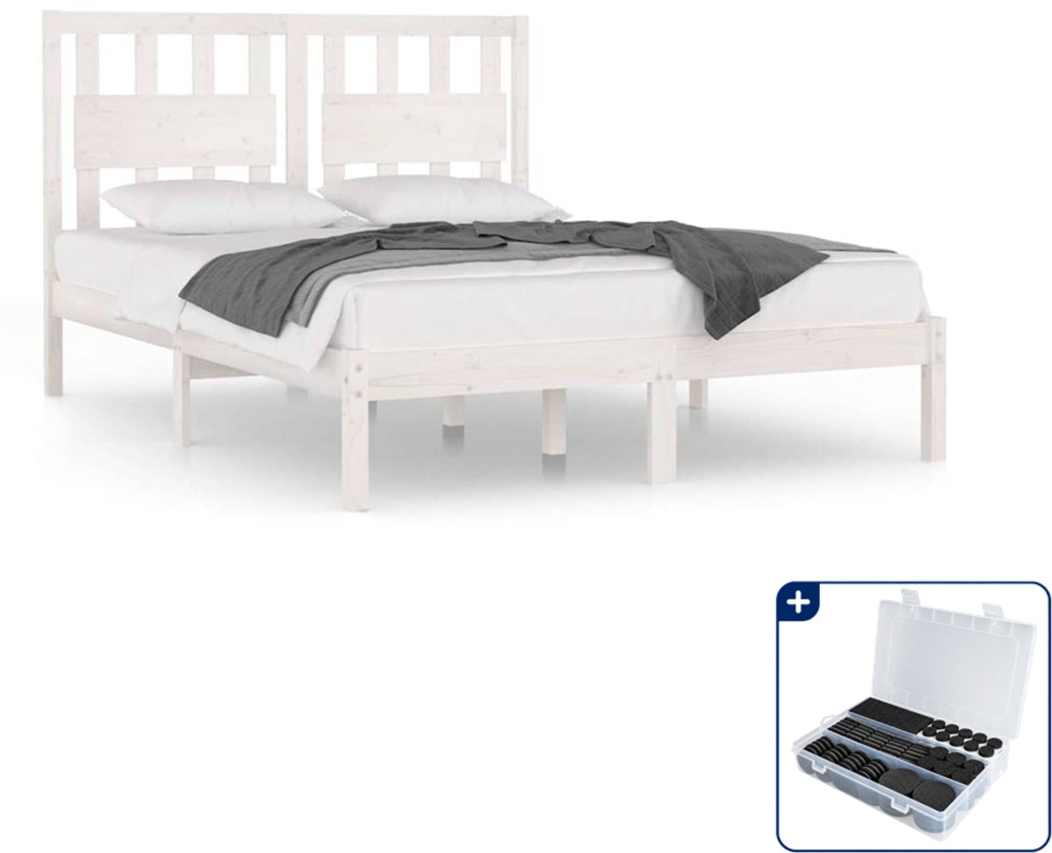 vidaXL Bedframe - 140 x 190 cm - massief grenenhout - wit - Inclusief antikrasvilt 177-delig Blauw