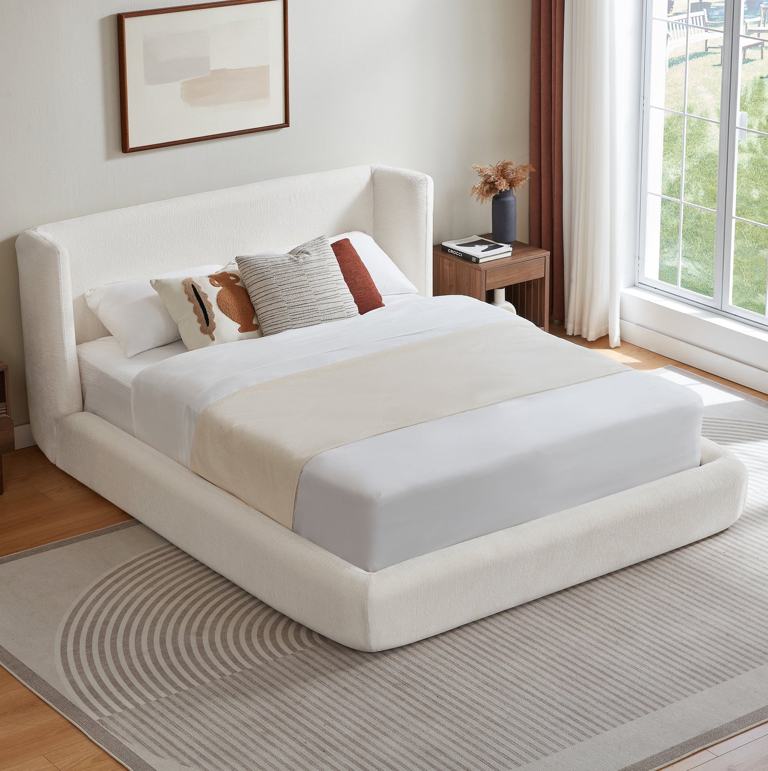 Wishdor Tweepersoonsbed 160x200 cm - Gestoffeerd hoofdbord en versterkt stalen frame - Lattenbodem voor gelijkmatige ondersteuning - Zonder matras - Crèmewit