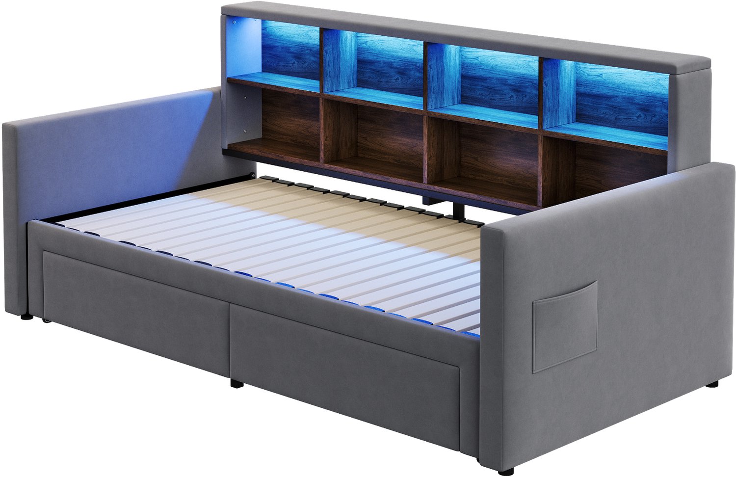 MUVANO Uitschuifbare slaapbank 90 x 190 cm - Tot 180 cm breed - Fluweel - Opbergvakken, 2 lades, led en USB-C - Lattenbodem - Logeerkamer - Donkergrijs